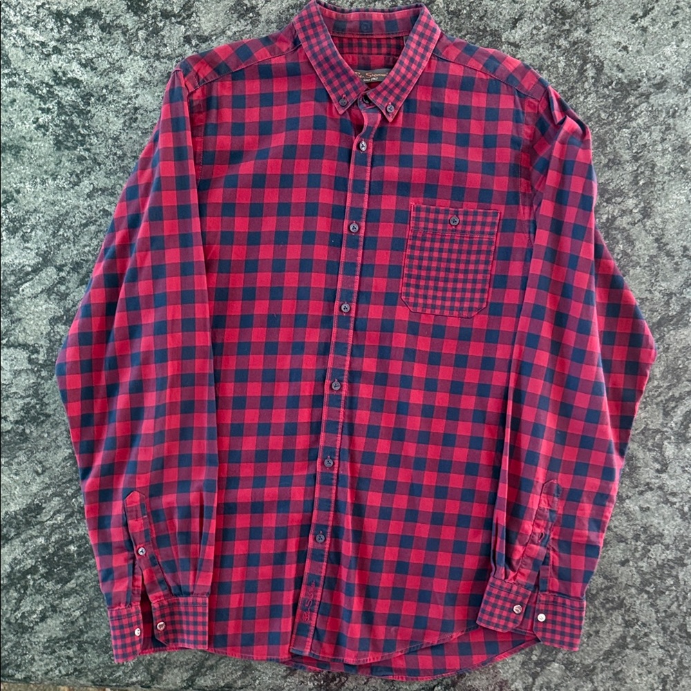 Ben Sherman Men's Red and Navy Plaid Shirt, size Large.